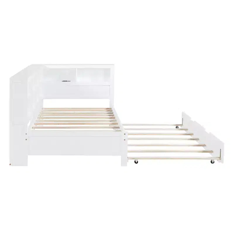 Lit de repos avec lit gigogne, lit plateforme en bois avec étagère de rangement et ports de chargement USB, lit bas pour enfants, adolescents et adultes