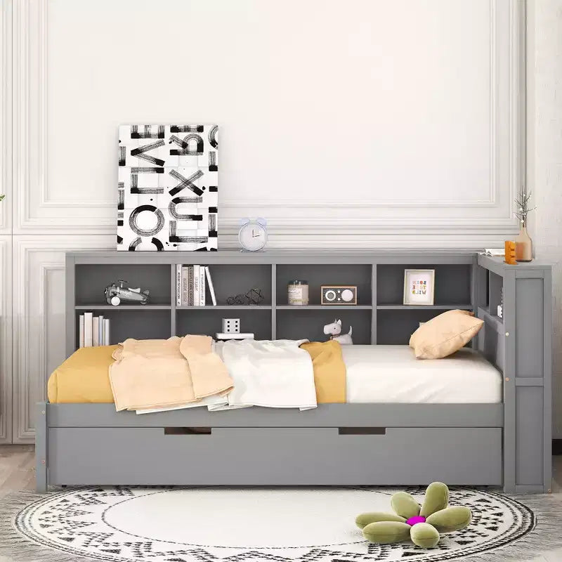 Lit de repos avec lit gigogne, lit plateforme en bois avec étagère de rangement et ports de chargement USB, lit bas pour enfants, adolescents et adultes