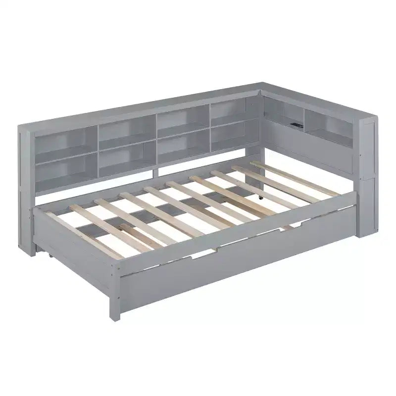 Lit de repos avec lit gigogne, lit plateforme en bois avec étagère de rangement et ports de chargement USB, lit bas pour enfants, adolescents et adultes