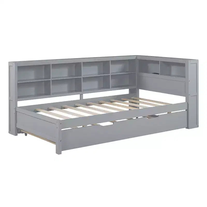 Lit de repos avec lit gigogne, lit plateforme en bois avec étagère de rangement et ports de chargement USB, lit bas pour enfants, adolescents et adultes