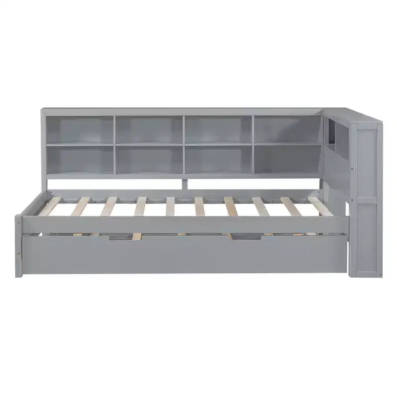Lit de repos avec lit gigogne, lit plateforme en bois avec étagère de rangement et ports de chargement USB, lit bas pour enfants, adolescents et adultes