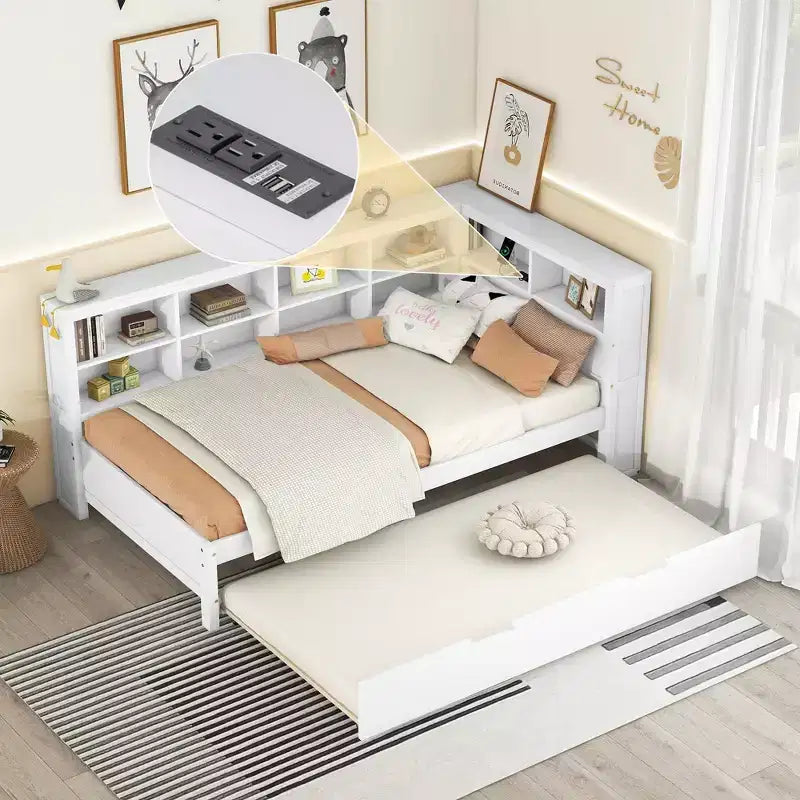 Lit de repos avec lit gigogne, lit plateforme en bois avec étagère de rangement et ports de chargement USB, lit bas pour enfants, adolescents et adultes