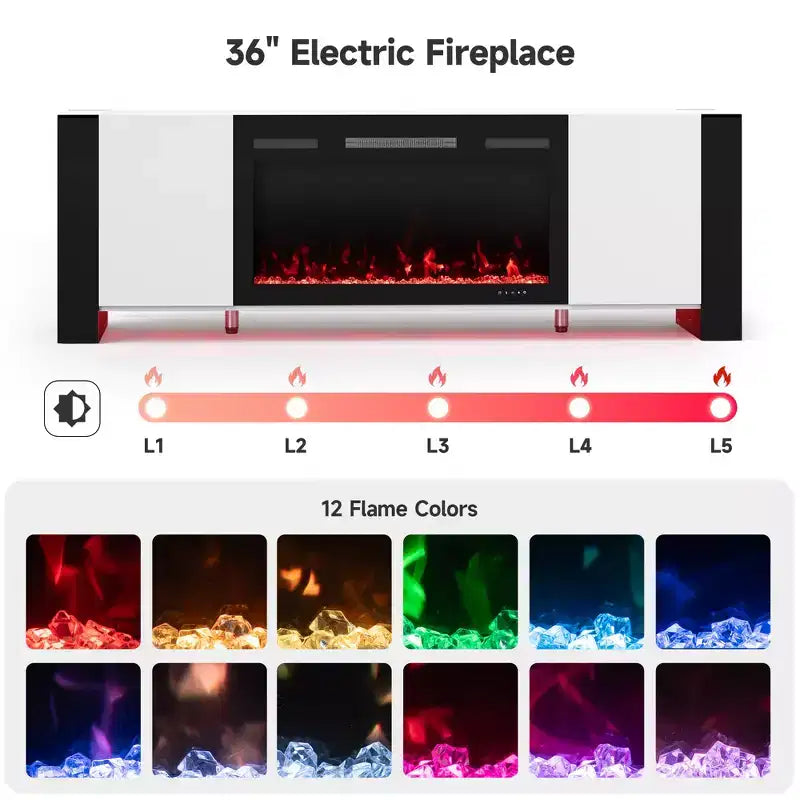 Meuble TV Real Relax de 70 po pour téléviseurs jusqu'à 80 po avec foyer électrique et lumières DEL Centre de divertissement