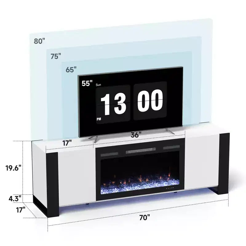 Meuble TV Real Relax de 70 po pour téléviseurs jusqu'à 80 po avec foyer électrique et lumières DEL Centre de divertissement