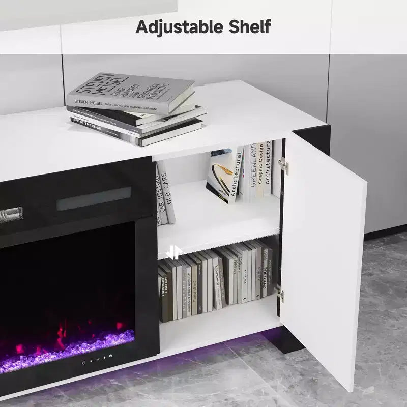 Meuble TV Real Relax de 70 po pour téléviseurs jusqu'à 80 po avec foyer électrique et lumières DEL Centre de divertissement