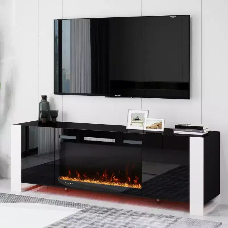 Meuble TV Real Relax de 70 po pour téléviseurs jusqu'à 80 po avec foyer électrique et lumières DEL Centre de divertissement