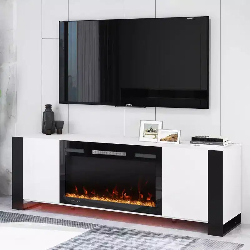 Meuble TV Real Relax de 70 po pour téléviseurs jusqu'à 80 po avec foyer électrique et lumières DEL Centre de divertissement