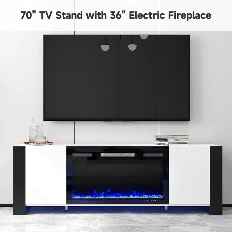 Meuble TV Real Relax de 70 po pour téléviseurs jusqu'à 80 po avec foyer électrique et lumières DEL Centre de divertissement