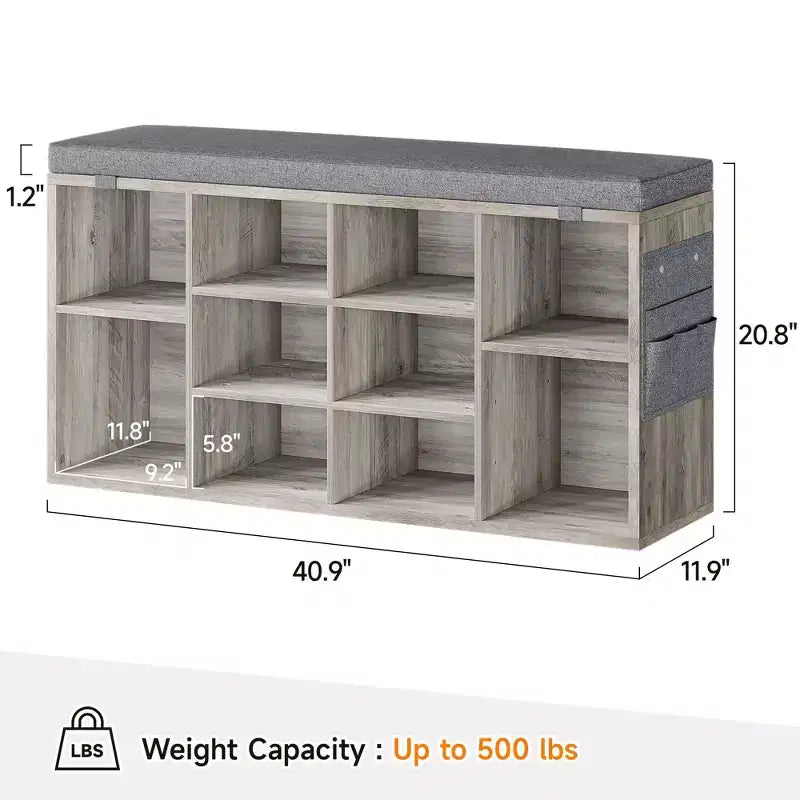 Banc à chaussures d'entrée 2-en-1 GustoWave avec rangement et siège rembourré | Organisateur de casier à chaussures en bois avec étagères réglables et poches latérales, gris
