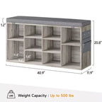 Banc à chaussures d'entrée 2-en-1 GustoWave avec rangement et siège rembourré | Organisateur de casier à chaussures en bois avec étagères réglables et poches latérales, gris