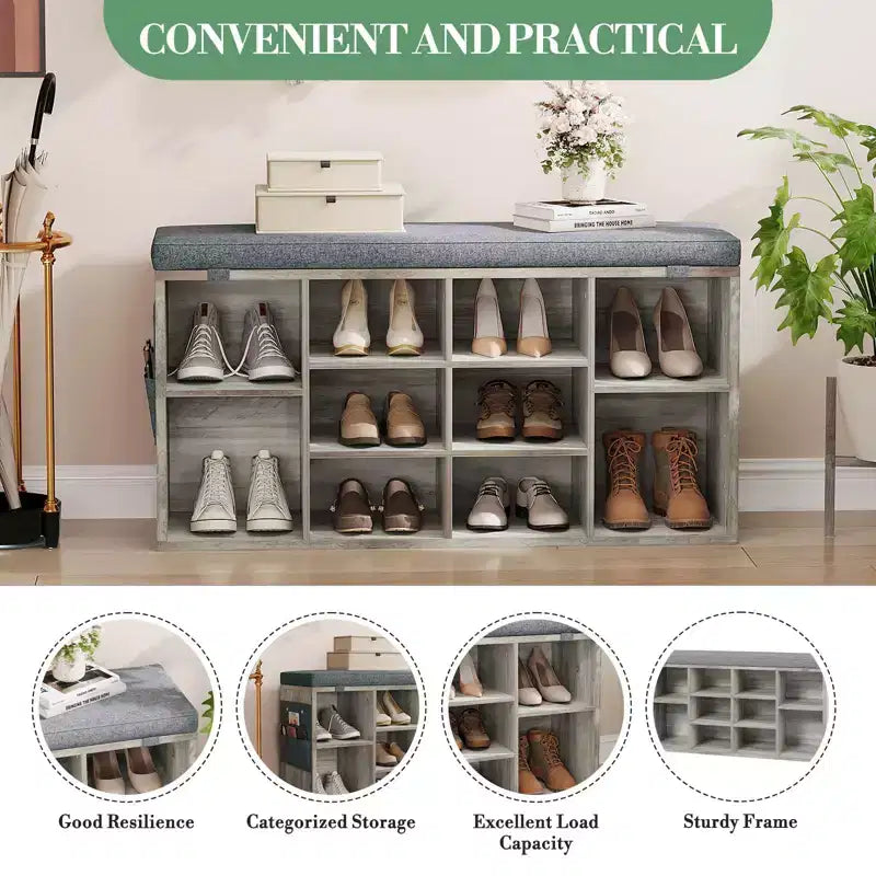 Banc à chaussures d'entrée 2-en-1 GustoWave avec rangement et siège rembourré | Organisateur de casier à chaussures en bois avec étagères réglables et poches latérales, gris