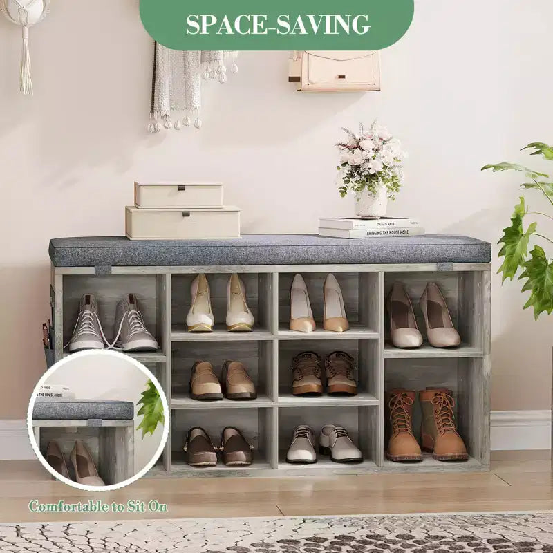 Banc à chaussures d'entrée 2-en-1 GustoWave avec rangement et siège rembourré | Organisateur de casier à chaussures en bois avec étagères réglables et poches latérales, gris