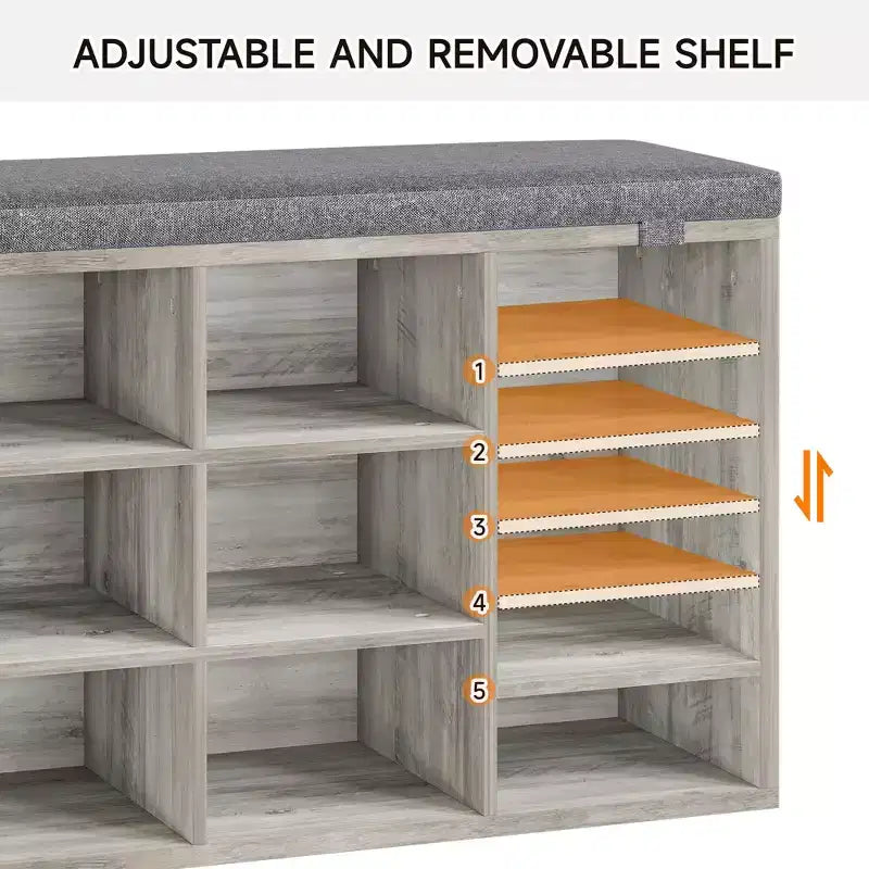 Banc à chaussures d'entrée 2-en-1 GustoWave avec rangement et siège rembourré | Organisateur de casier à chaussures en bois avec étagères réglables et poches latérales, gris