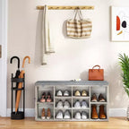 Banc à chaussures d'entrée 2-en-1 GustoWave avec rangement et siège rembourré | Organisateur de casier à chaussures en bois avec étagères réglables et poches latérales, gris