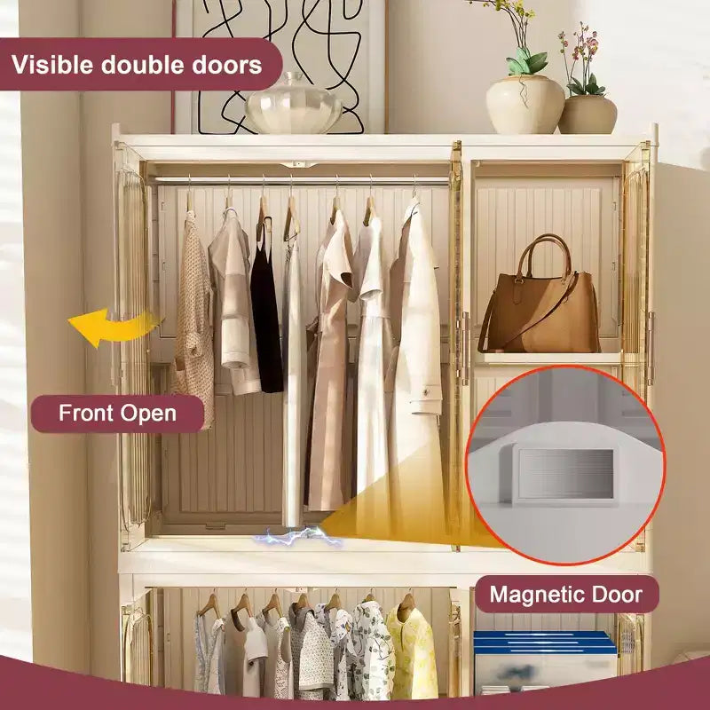 Organisateur de placard portable avec 6 portes magnétiques, 6 casiers et 2 tringles de suspension, comprend 6 cintres, armoire de rangement pour vêtements de bébé, blanc