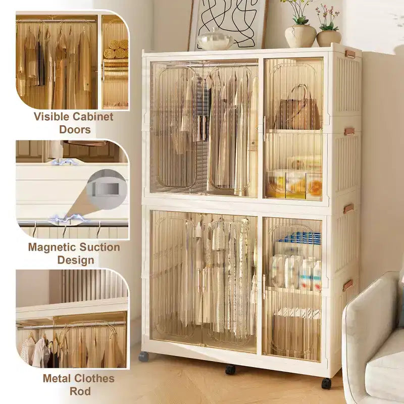 Organisateur de placard portable avec 6 portes magnétiques, 6 casiers et 2 tringles de suspension, comprend 6 cintres, armoire de rangement pour vêtements de bébé, blanc