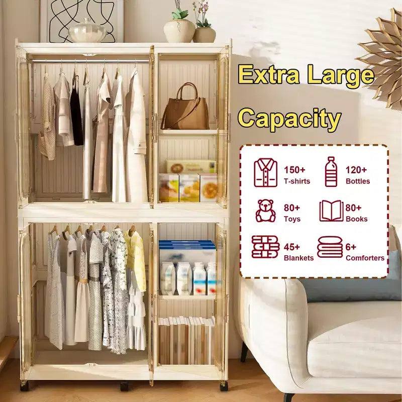 Organisateur de placard portable avec 6 portes magnétiques, 6 casiers et 2 tringles de suspension, comprend 6 cintres, armoire de rangement pour vêtements de bébé, blanc
