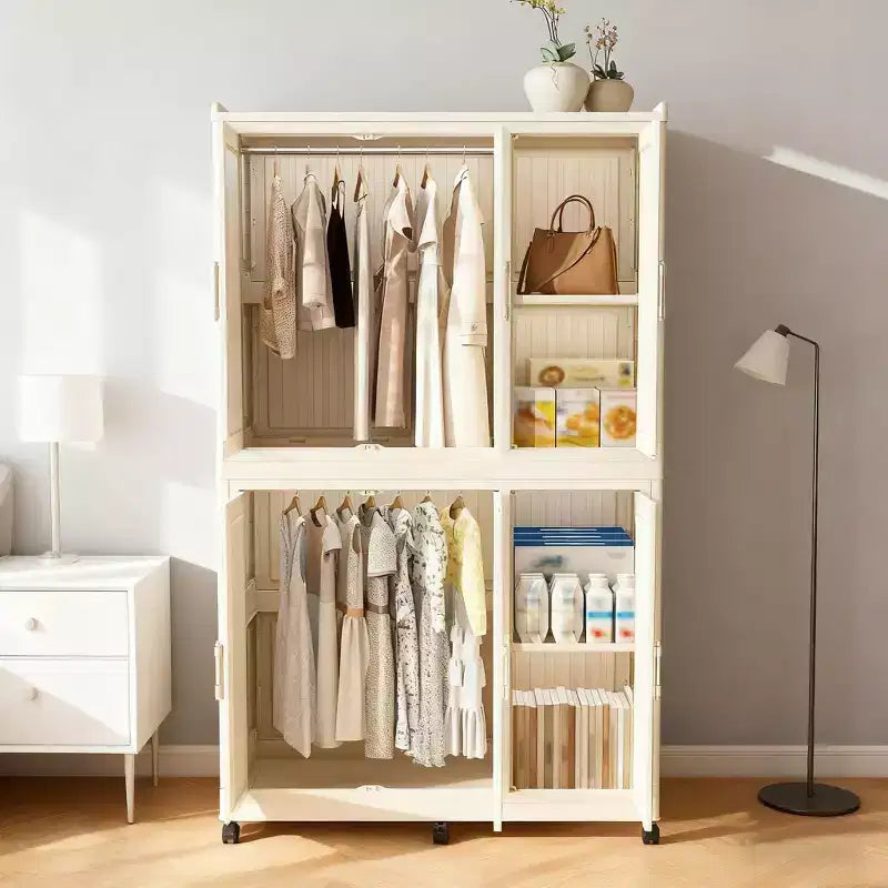 Organisateur de placard portable avec 6 portes magnétiques, 6 casiers et 2 tringles de suspension, comprend 6 cintres, armoire de rangement pour vêtements de bébé, blanc