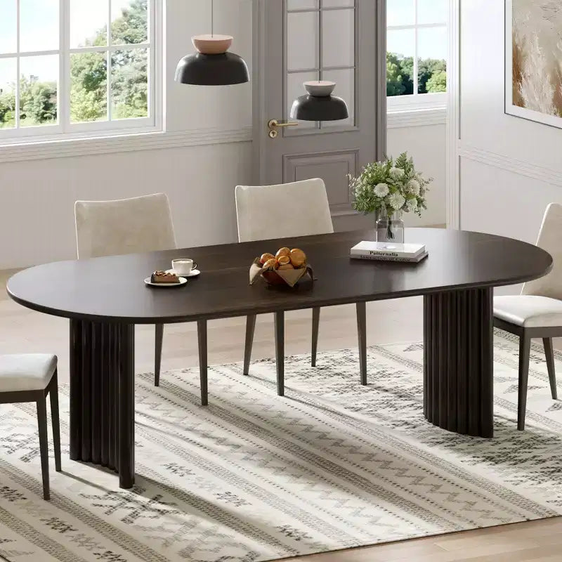 PexFix 79 Table de salle à manger ovale pour 6-8 personnes avec plateau à bords arqués et base à rayures Table de cuisine moderne de style ferme pour salon et salle à manger Noyer