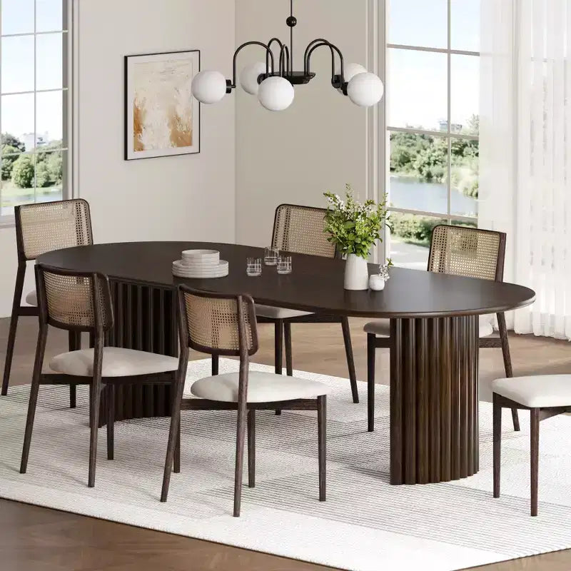 PexFix 79 Table de salle à manger ovale pour 6-8 personnes avec plateau à bords arqués et base à rayures Table de cuisine moderne de style ferme pour salon et salle à manger Noyer