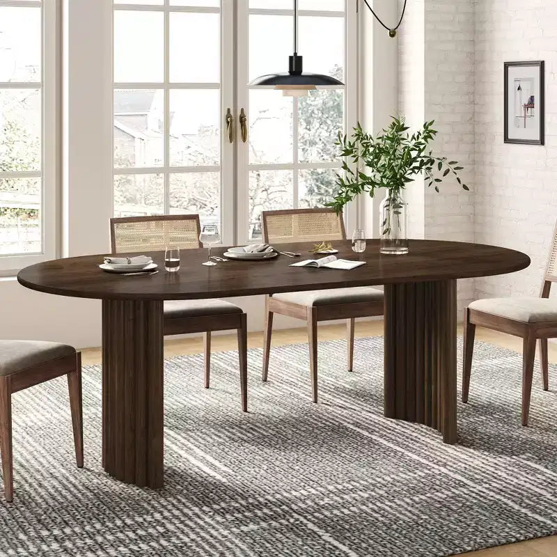 PexFix 79 Table de salle à manger ovale pour 6-8 personnes avec plateau à bords arqués et base à rayures Table de cuisine moderne de style ferme pour salon et salle à manger Noyer