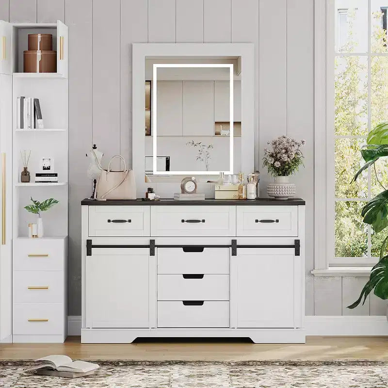 Coiffeuse de chambre avec miroir, coiffeuse avec miroir de maquillage lumineux, coiffeuse de style rustique moderne, convient pour chambre/salon