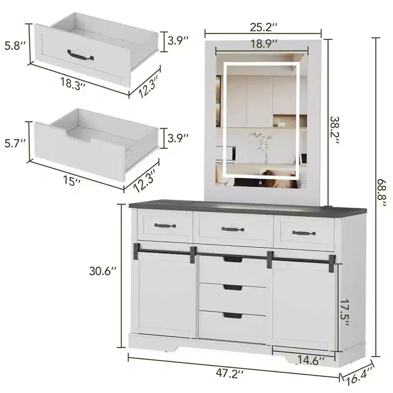 Coiffeuse de chambre avec miroir, coiffeuse avec miroir de maquillage lumineux, coiffeuse de style rustique moderne, convient pour chambre/salon