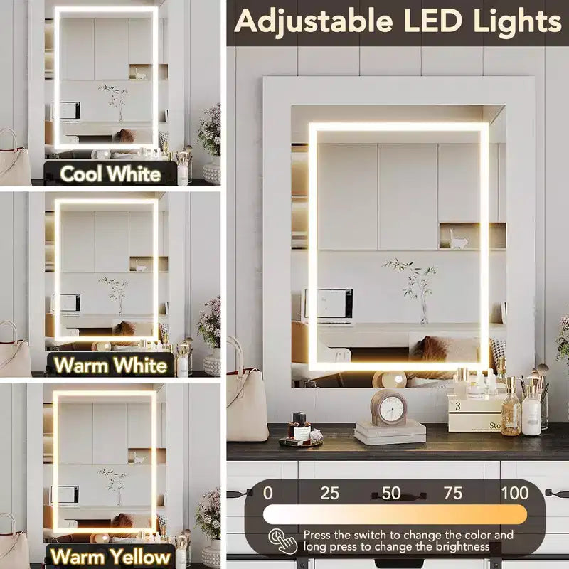 Coiffeuse de chambre avec miroir, coiffeuse avec miroir de maquillage lumineux, coiffeuse de style rustique moderne, convient pour chambre/salon