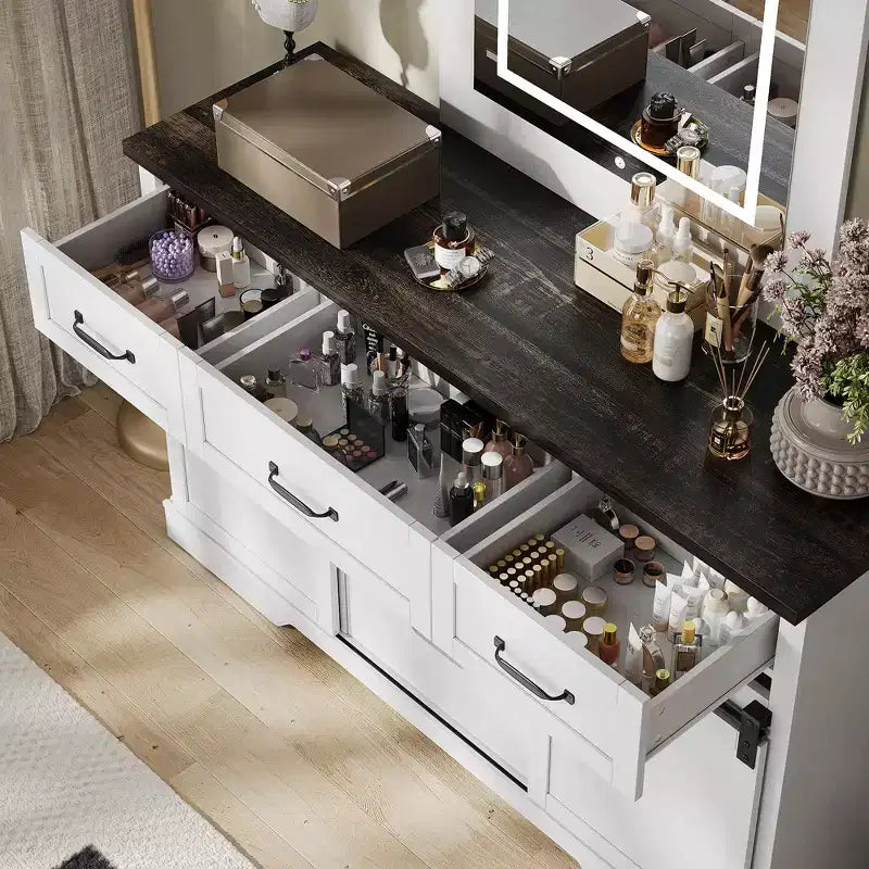 Coiffeuse de chambre avec miroir, coiffeuse avec miroir de maquillage lumineux, coiffeuse de style rustique moderne, convient pour chambre/salon