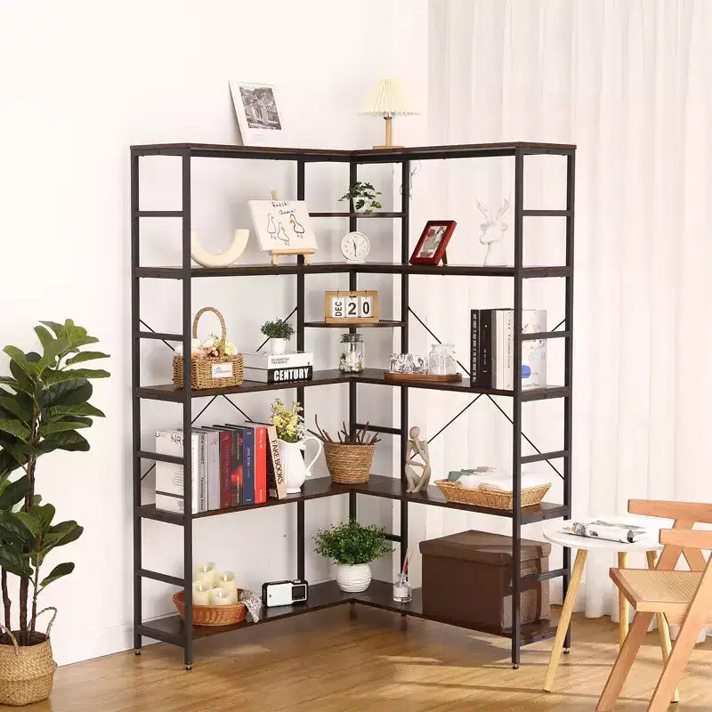 Étagère à 5 niveaux, Bibliothèque ouverte en forme de L avec panneaux incurvés, Salon, Bureau