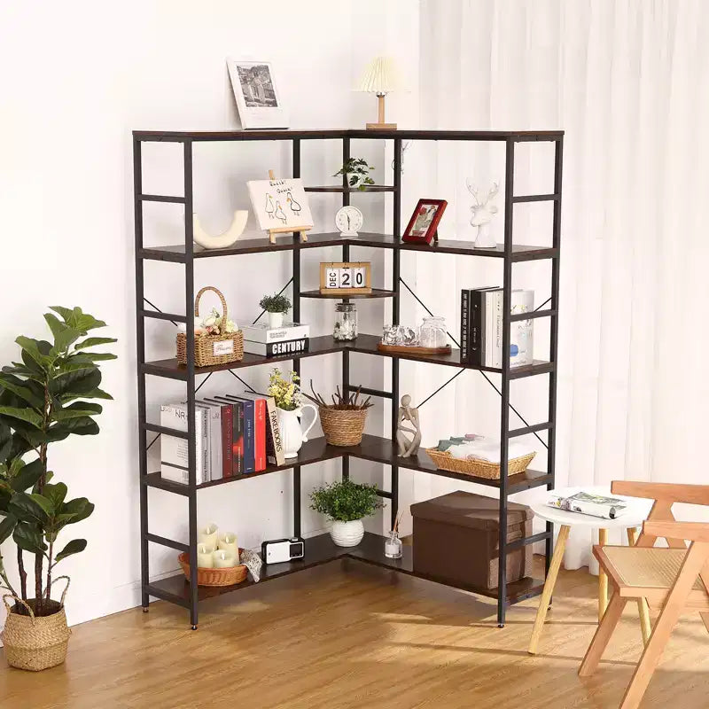 Étagère à 5 niveaux, Bibliothèque ouverte en forme de L avec panneaux incurvés, Salon, Bureau