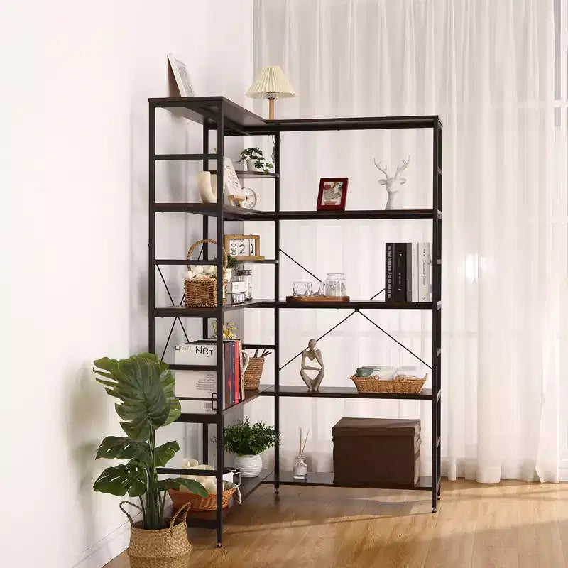 Étagère à 5 niveaux, Bibliothèque ouverte en forme de L avec panneaux incurvés, Salon, Bureau