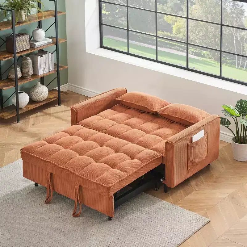 MAYEERTY Canapé 2 places en velours côtelé avec support en bois pour salon et chambre orange