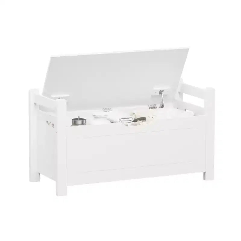 White Storage Bench with Cushion, Entryway Chest, Toy Box & Shoe Organizer with Safety Hinges