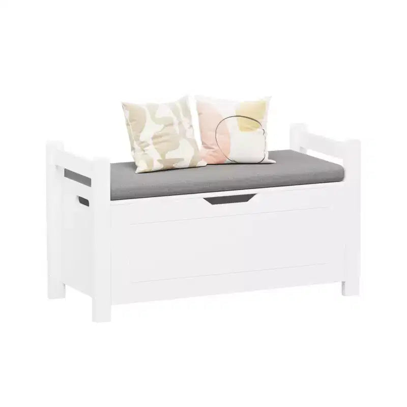 Banc de rangement blanc avec coussin, coffre d'entrée, coffre à jouets et organisateur de chaussures avec charnières de sécurité