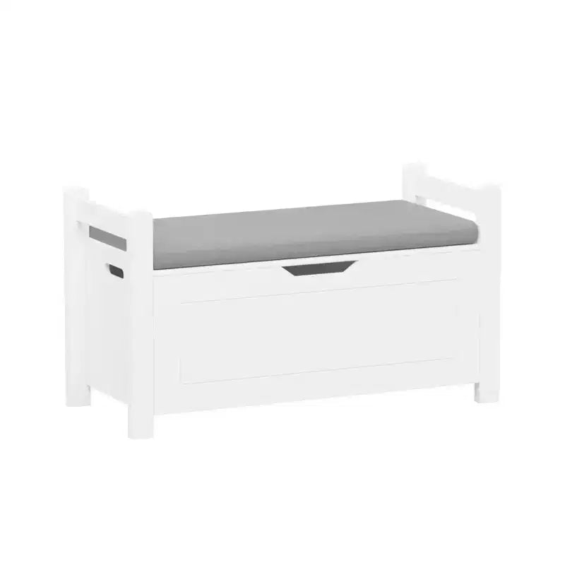 Banc de rangement blanc avec coussin, coffre d'entrée, coffre à jouets et organisateur de chaussures avec charnières de sécurité