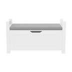 Banc de rangement blanc avec coussin, coffre d'entrée, coffre à jouets et organisateur de chaussures avec charnières de sécurité
