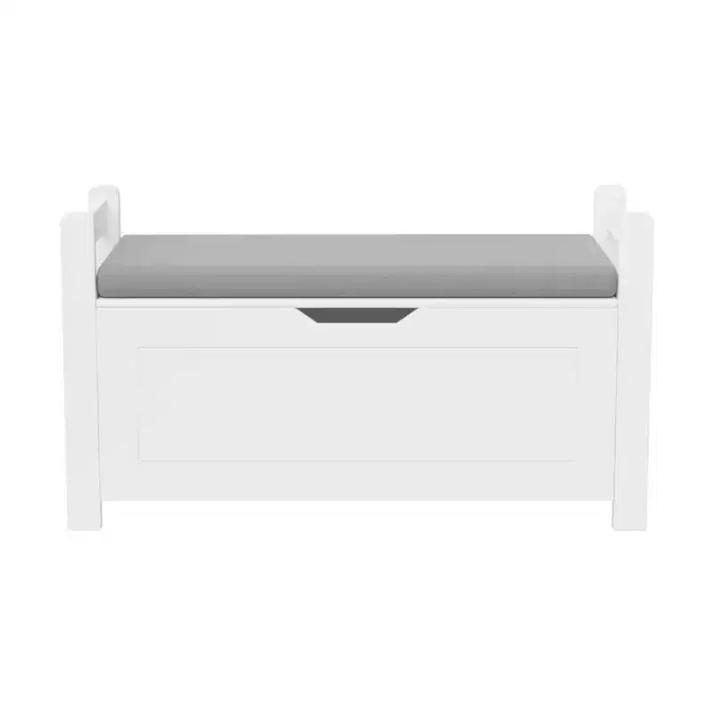 Banc de rangement blanc avec coussin, coffre d'entrée, coffre à jouets et organisateur de chaussures avec charnières de sécurité