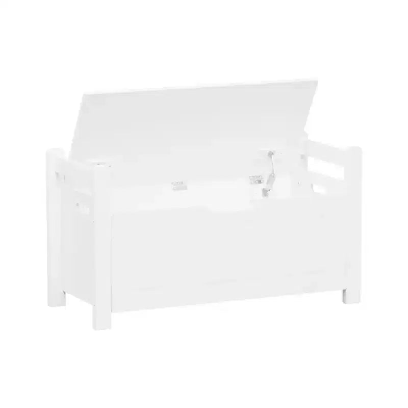 Banc de rangement blanc avec coussin, coffre d'entrée, coffre à jouets et organisateur de chaussures avec charnières de sécurité