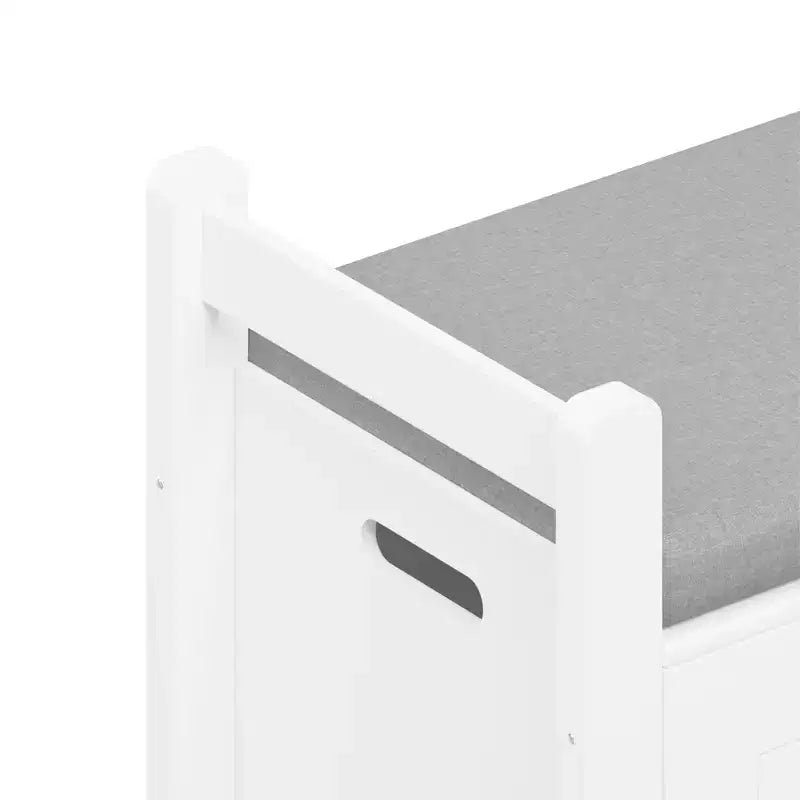 Banc de rangement blanc avec coussin, coffre d'entrée, coffre à jouets et organisateur de chaussures avec charnières de sécurité