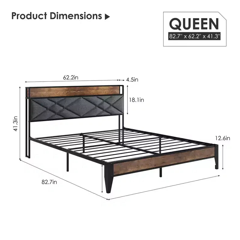Lit plateforme en métal King Size avec tête et pied de lit, 11" de rangement sous le lit, assemblage facile, aucun sommier tapissier requis, silencieux, gris