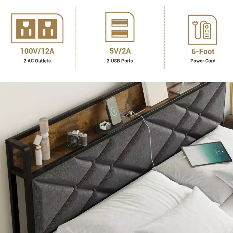 Lit plateforme en métal King Size avec tête et pied de lit, 11" de rangement sous le lit, assemblage facile, aucun sommier tapissier requis, silencieux, gris