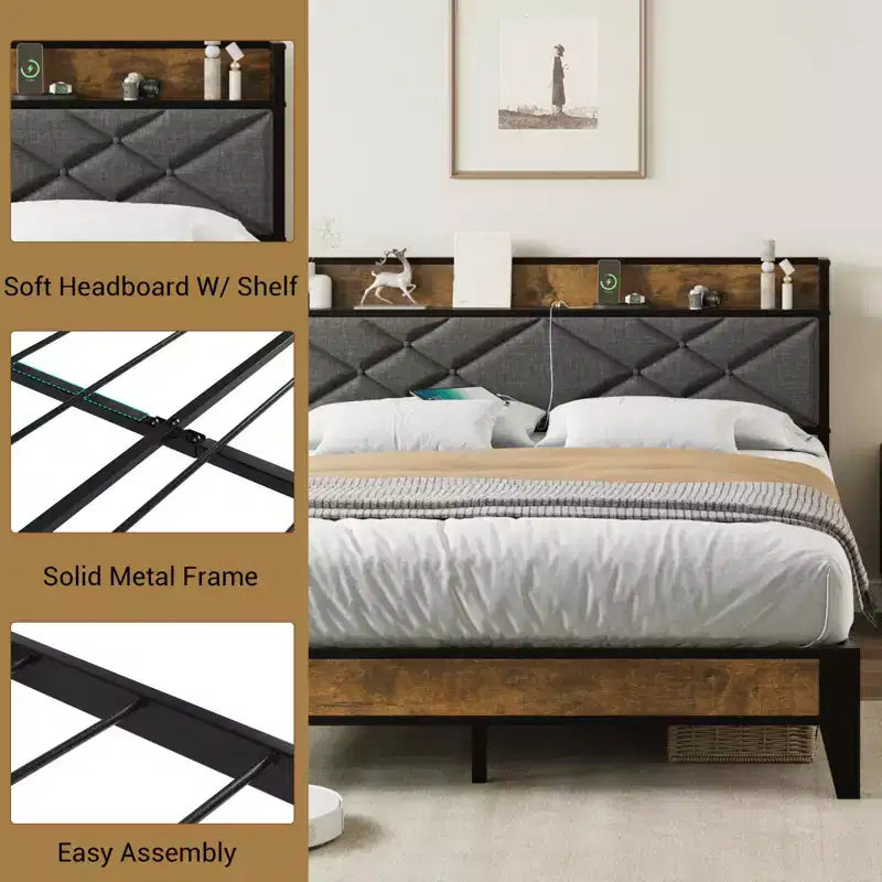 Lit plateforme en métal King Size avec tête et pied de lit, 11" de rangement sous le lit, assemblage facile, aucun sommier tapissier requis, silencieux, gris