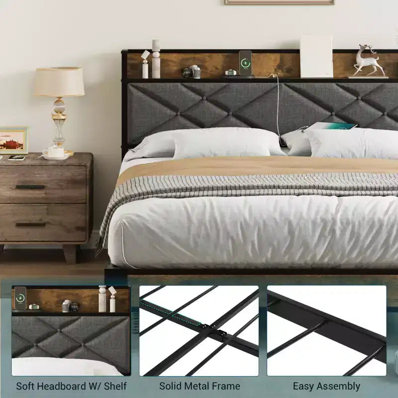 Lit plateforme en métal King Size avec tête et pied de lit, 11" de rangement sous le lit, assemblage facile, aucun sommier tapissier requis, silencieux, gris