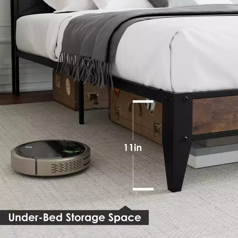 Lit plateforme en métal King Size avec tête et pied de lit, 11" de rangement sous le lit, assemblage facile, aucun sommier tapissier requis, silencieux, gris