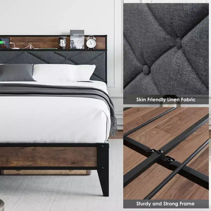 Lit plateforme en métal King Size avec tête et pied de lit, 11" de rangement sous le lit, assemblage facile, aucun sommier tapissier requis, silencieux, gris