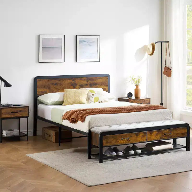Queen Size Platform Bed Frame with Headboard, 2 Storage Drawers and Matching Footstool, Heavy-Duty Metal Supports, No Box Spring Required, No Noise