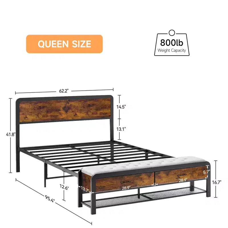 Cadre de lit plateforme Queen avec tête de lit, 2 tiroirs de rangement et tabouret assorti, supports métalliques robustes, pas besoin de sommier tapissier, silencieux