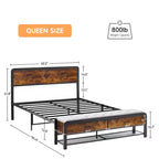 Cadre de lit plateforme Queen avec tête de lit, 2 tiroirs de rangement et tabouret assorti, supports métalliques robustes, pas besoin de sommier tapissier, silencieux