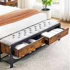 Cadre de lit plateforme Queen avec tête de lit, 2 tiroirs de rangement et tabouret assorti, supports métalliques robustes, pas besoin de sommier tapissier, silencieux